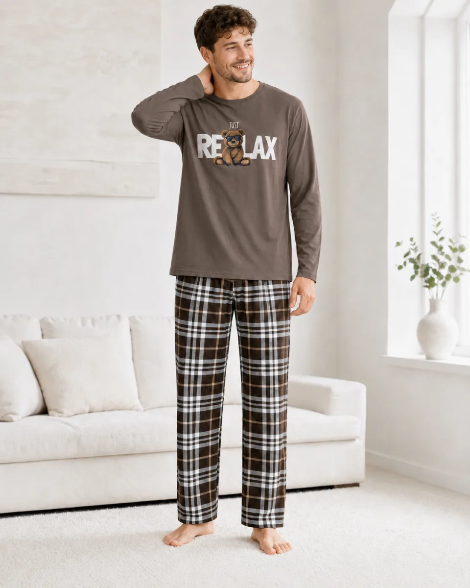 Pijama barbati Serena cu maneca lunga si pantalon lung- Maro,Engros — Image 3