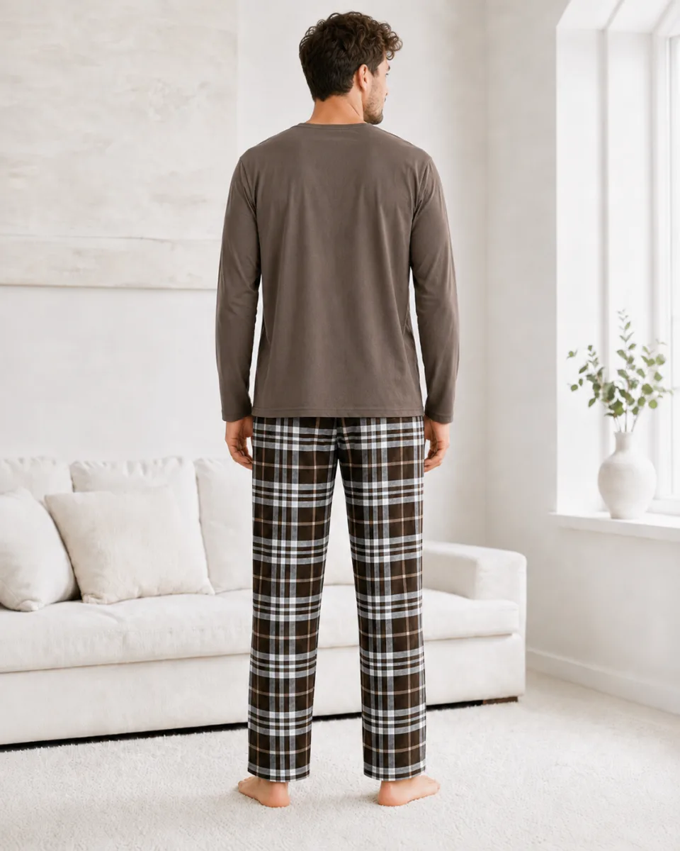 Pijama barbati Serena cu maneca lunga si pantalon lung- Maro,Engros — Image 4