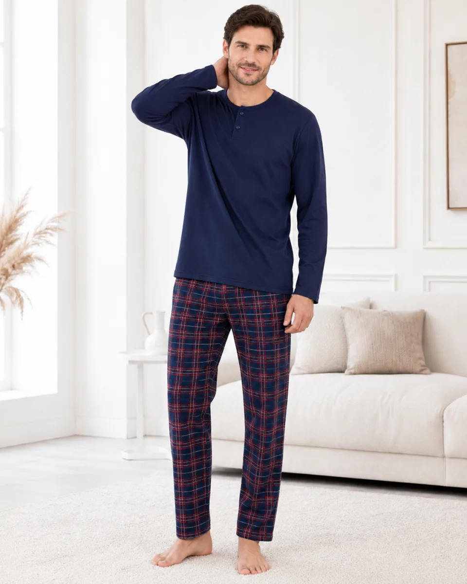 Pijama barbati Serena cu maneca lunga si pantalon lung-Bleumarin,Engros — Imaginea 2