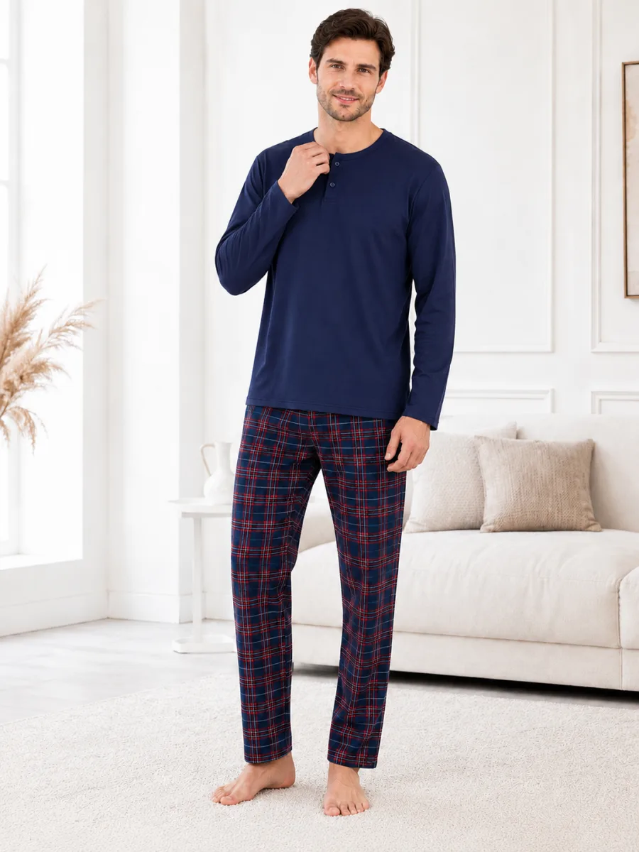 Pijama barbati Serena cu maneca lunga si pantalon lung-Bleumarin,Engros — Imaginea 3