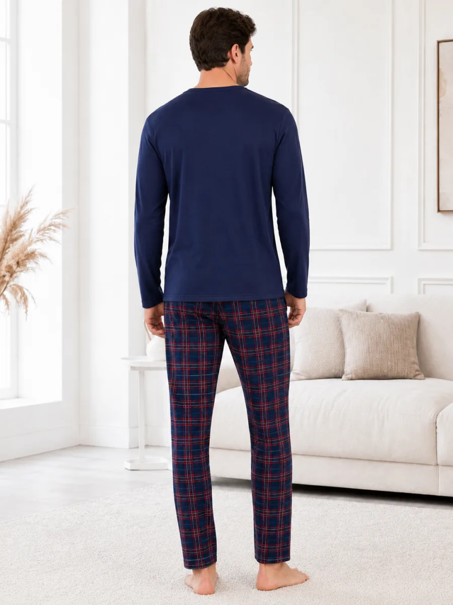 Pijama barbati Serena cu maneca lunga si pantalon lung-Bleumarin,Engros — Imaginea 4