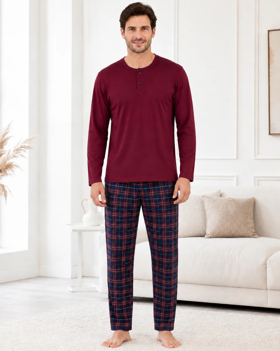 Pijama barbati Serena cu maneca lunga si pantalon lung-Bordo,Engros — Görsel 2