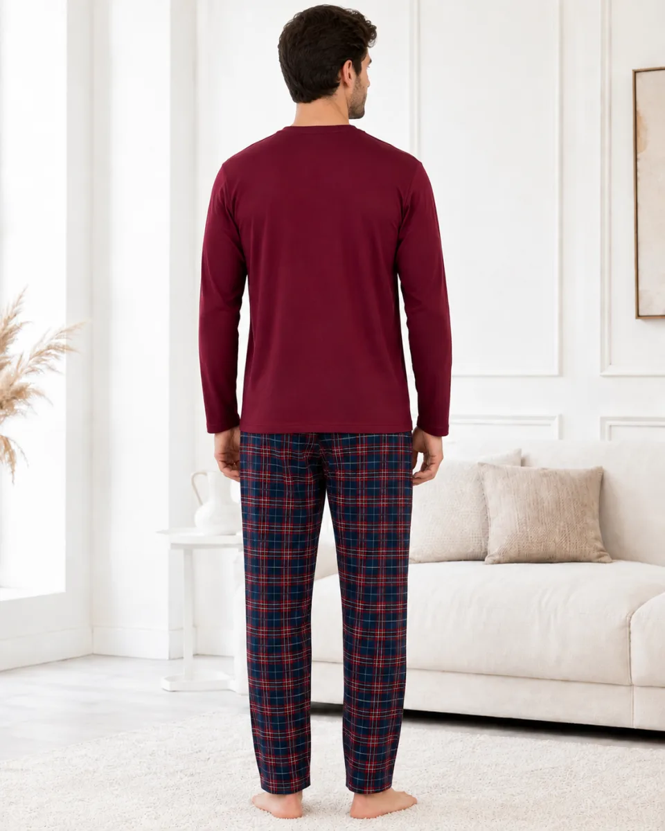 Pijama barbati Serena cu maneca lunga si pantalon lung-Bordo,Engros — Görsel 3