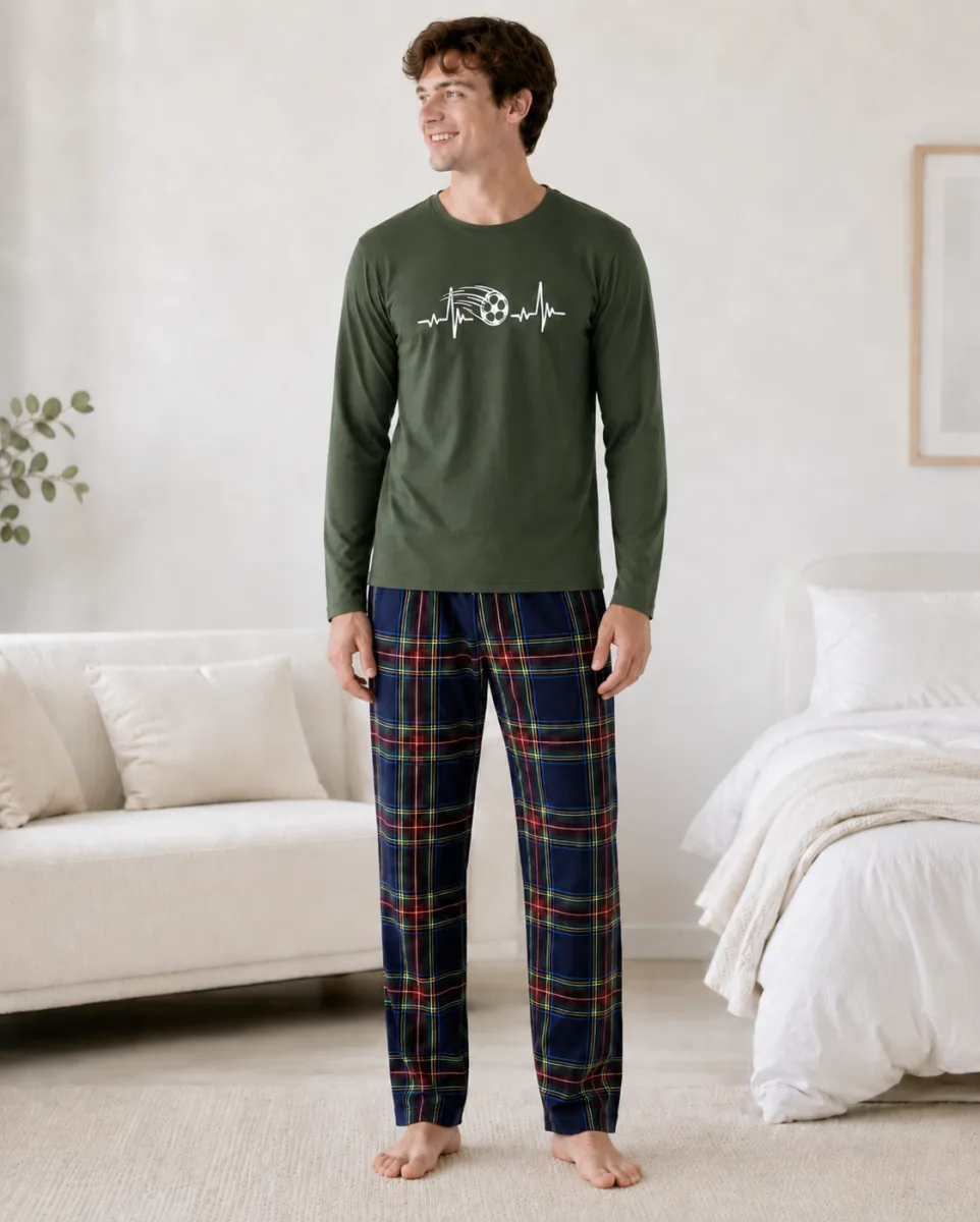Pijama barbati Serena cu maneca lunga si pantalon lung-Kaki,Engros — Imaginea 2