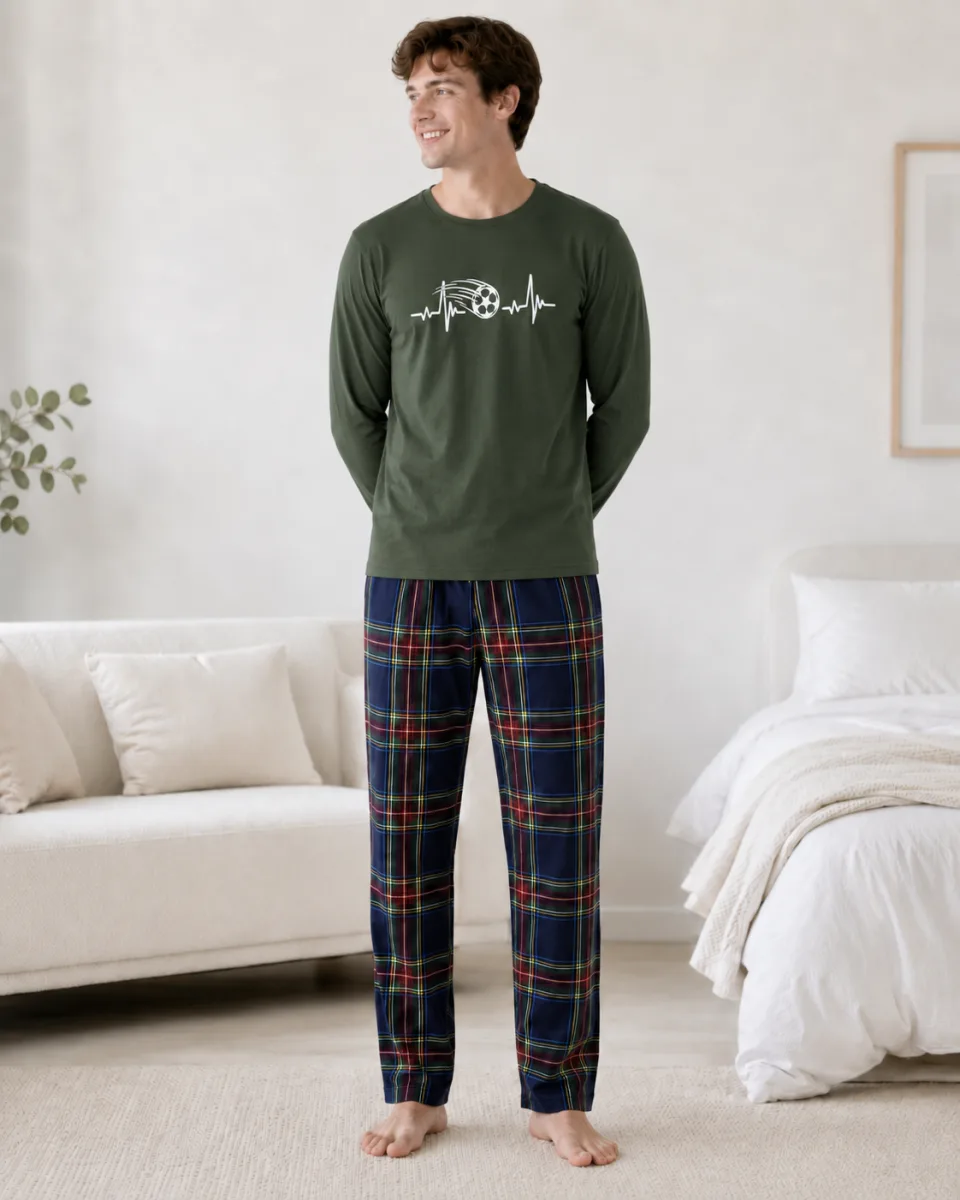 Pijama barbati Serena cu maneca lunga si pantalon lung-Kaki,Engros — Imaginea 4