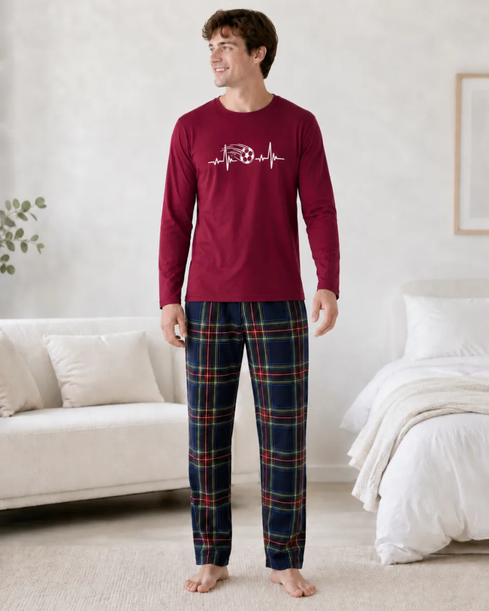 Pijama barbati Serena cu maneca lunga si pantalon lung-Bordo,Engros — Görsel 2