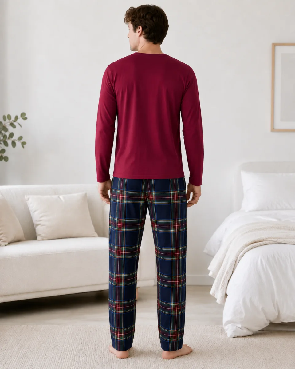 Pijama barbati Serena cu maneca lunga si pantalon lung-Bordo,Engros — Görsel 3