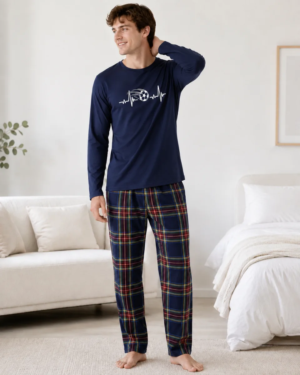 Pijama barbati Serena cu maneca lunga si pantalon lung-Bleumarin,Engros — Görsel 2
