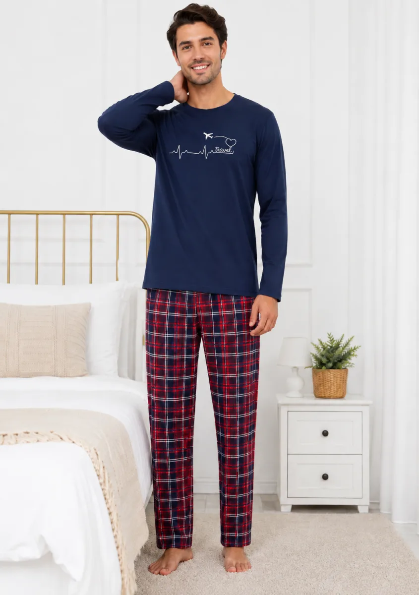 Pijama barbati Serena cu maneca lunga si pantalon lung-Bleumarin,Engros — Imaginea 2