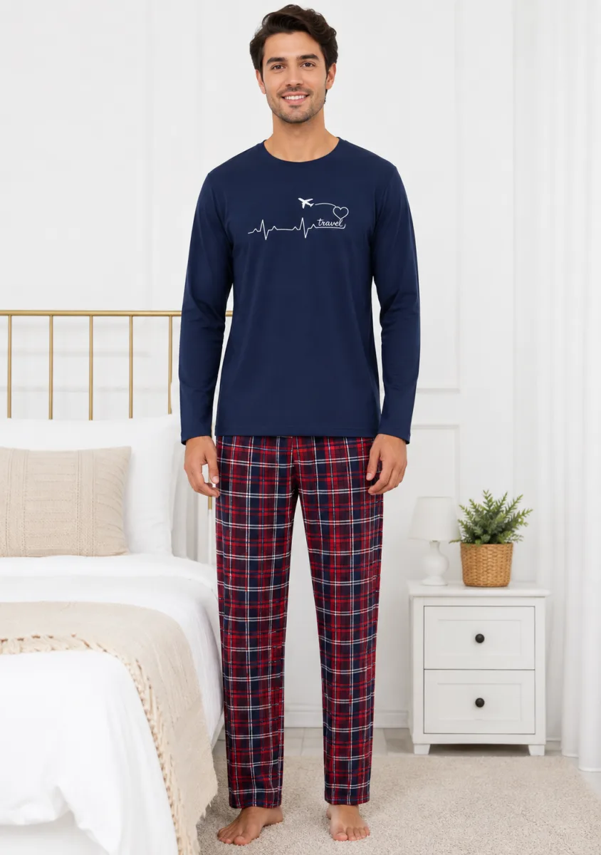 Pijama barbati Serena cu maneca lunga si pantalon lung-Bleumarin,Engros — Imaginea 4