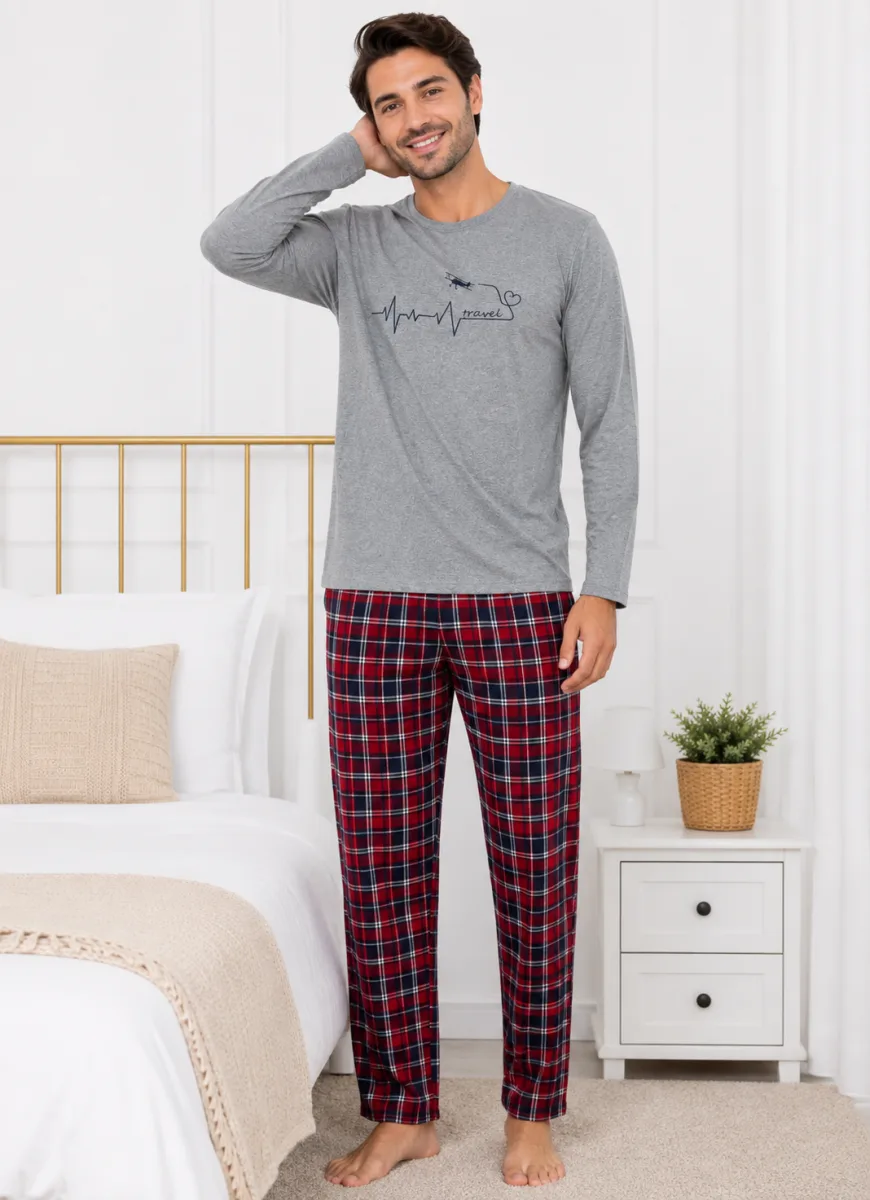 Pijama barbati Serena cu maneca lunga si pantalon lung-Gri,Engros — Görsel 2
