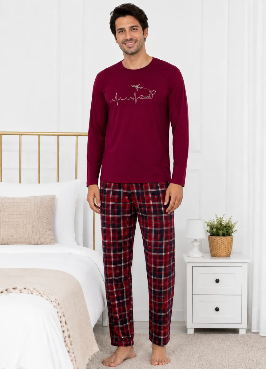 Pijama barbati Serena cu maneca lunga si pantalon lung-Bordo,Engros — Imaginea 2