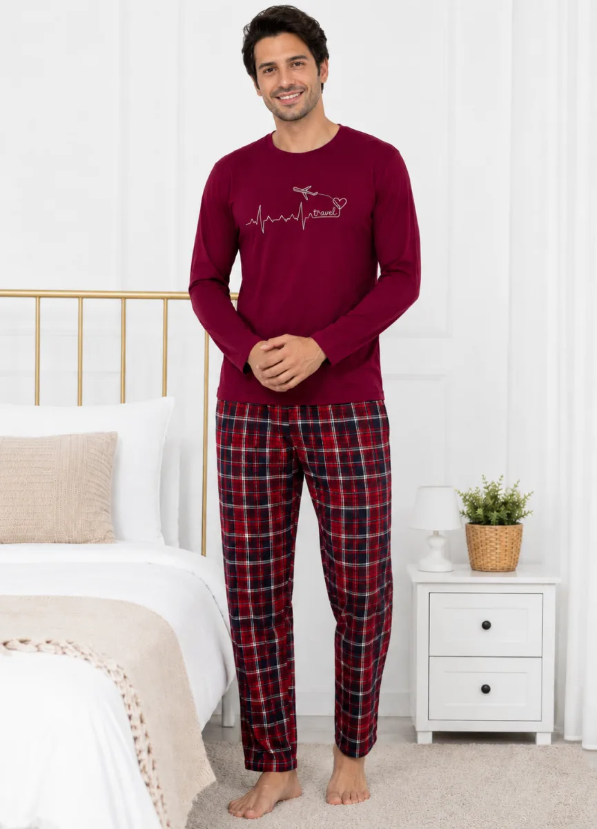 Pijama barbati Serena cu maneca lunga si pantalon lung-Bordo,Engros — Imaginea 4