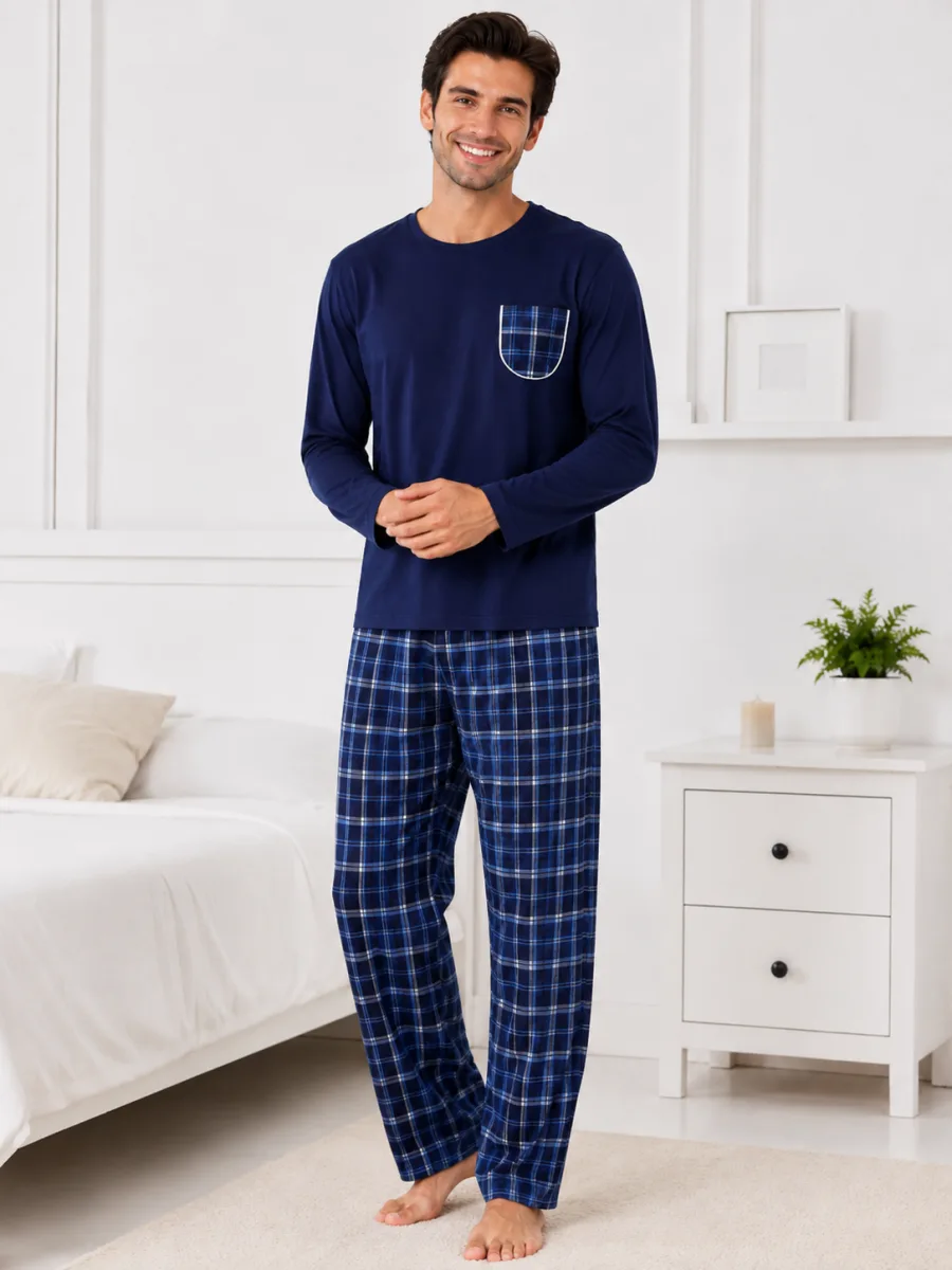 Pijama barbati Serena cu maneca lunga si pantalon lung-Bleumarin,Engros — Görsel 2