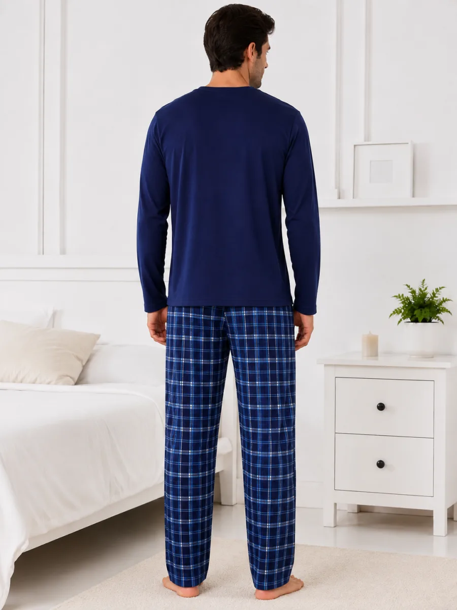 Pijama barbati Serena cu maneca lunga si pantalon lung-Bleumarin,Engros — Görsel 3