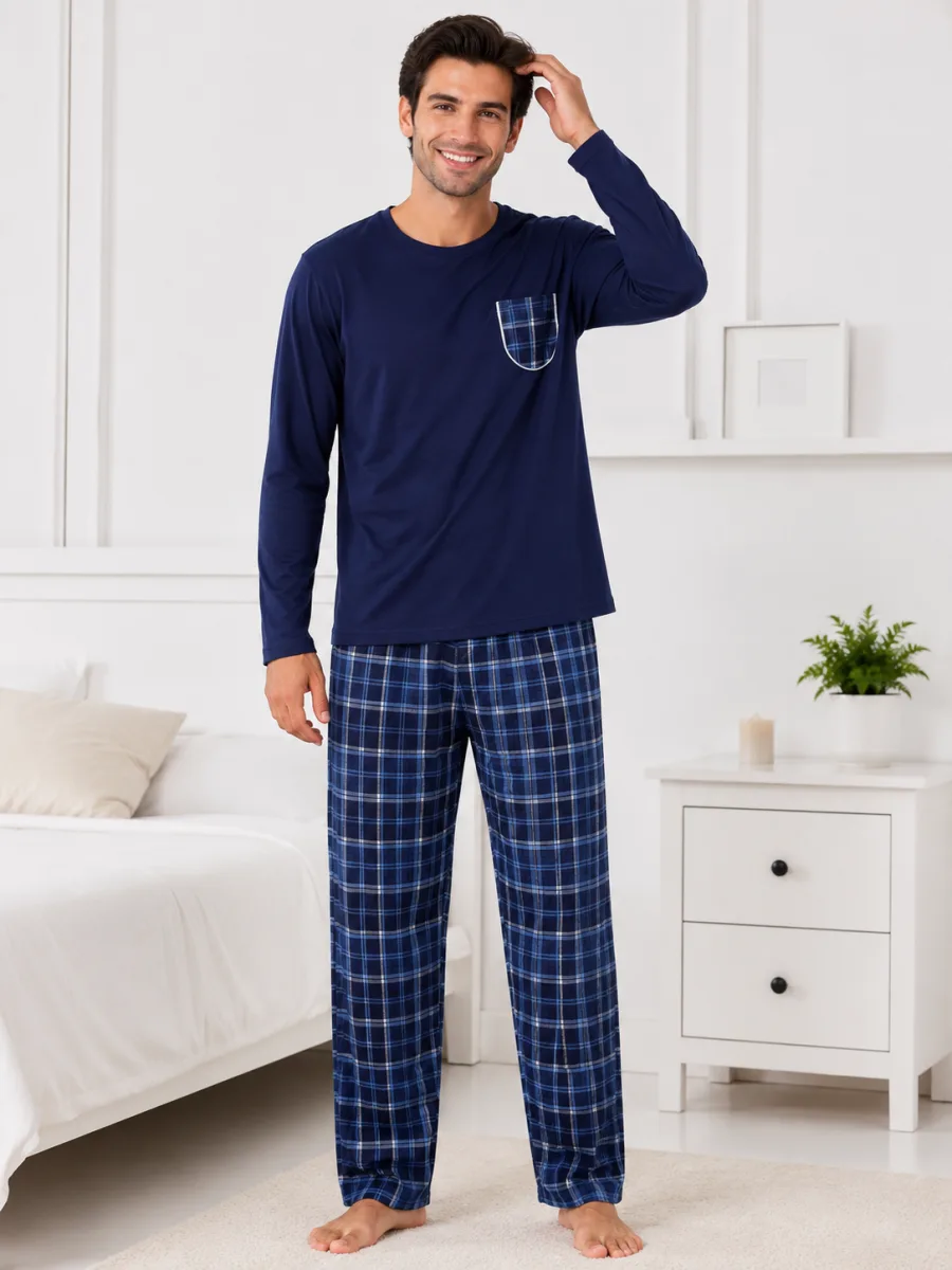 Pijama barbati Serena cu maneca lunga si pantalon lung-Bleumarin,Engros — Görsel 4