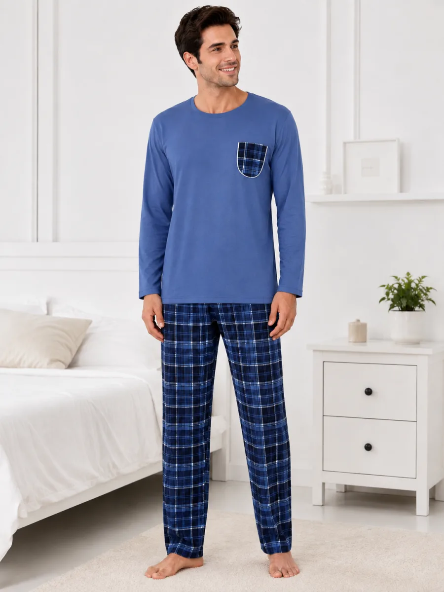 Pijama barbati Serena cu maneca lunga si pantalon lung-Albastru,Engros — Görsel 1