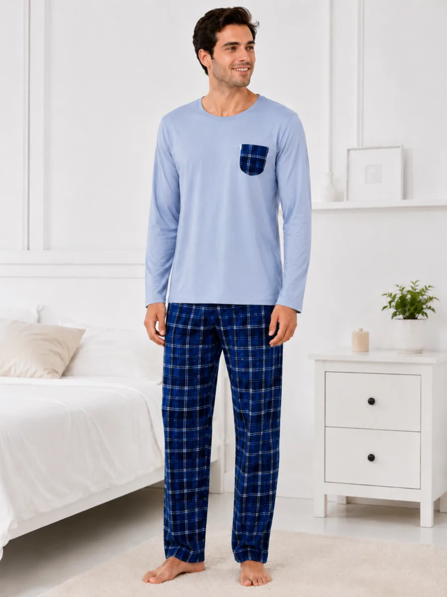 Pijama barbati Serena cu maneca lunga si pantalon lung-Bleu,Engros — Image 2