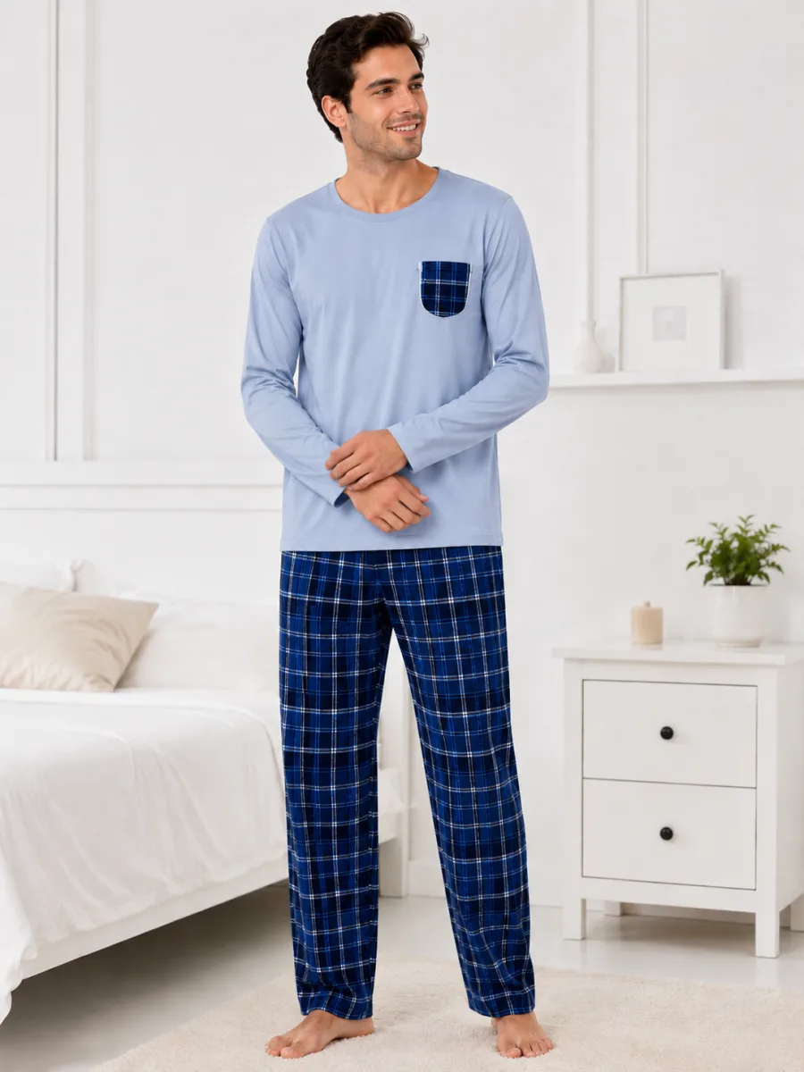 Pijama barbati Serena cu maneca lunga si pantalon lung-Bleu,Engros — Image 3