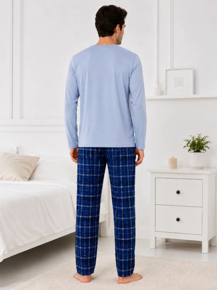 Pijama barbati Serena cu maneca lunga si pantalon lung-Bleu,Engros — Image 4