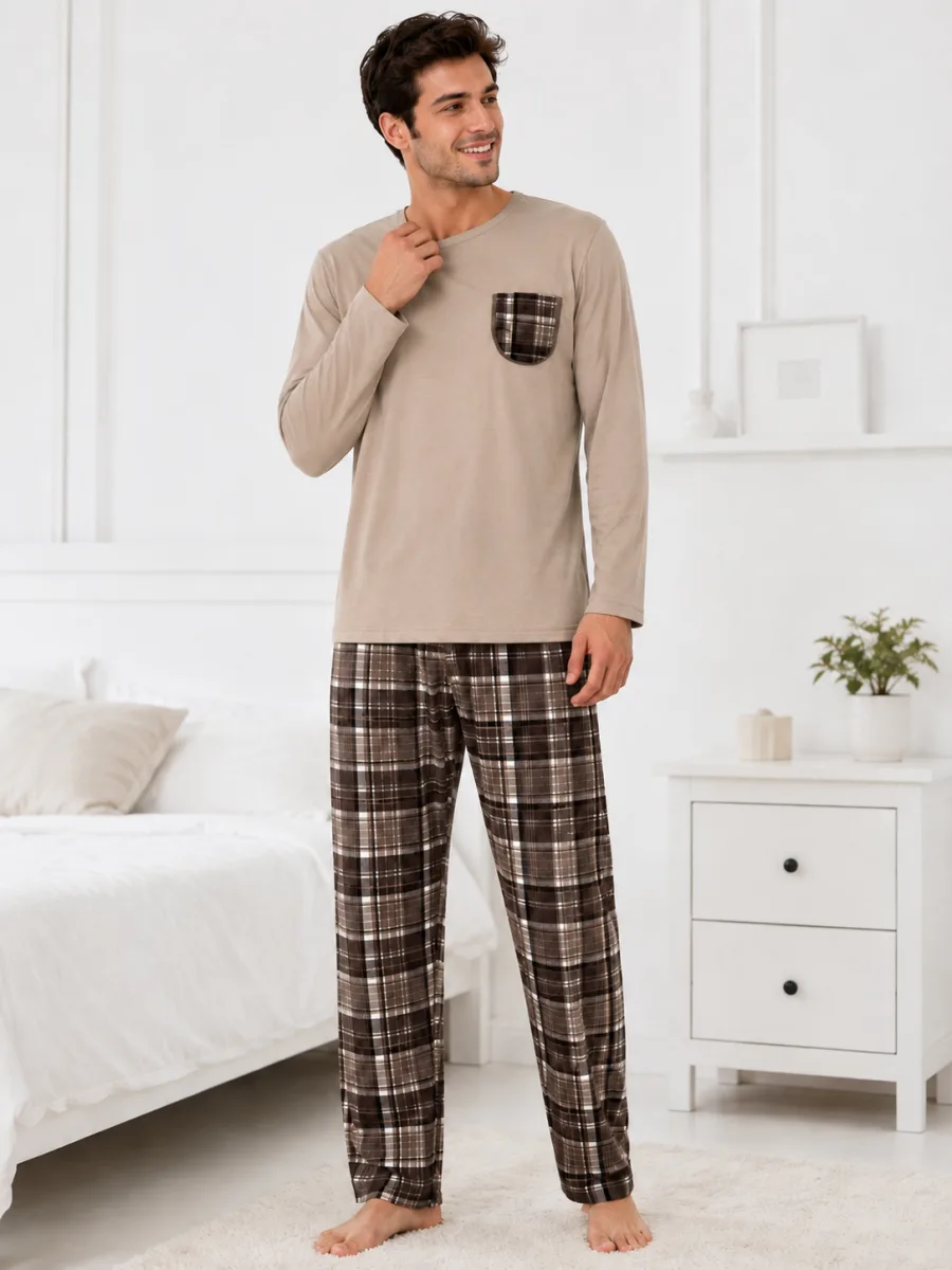 Pijama barbati Serena cu maneca lunga si pantalon lung-Bej,Engros — Image 1