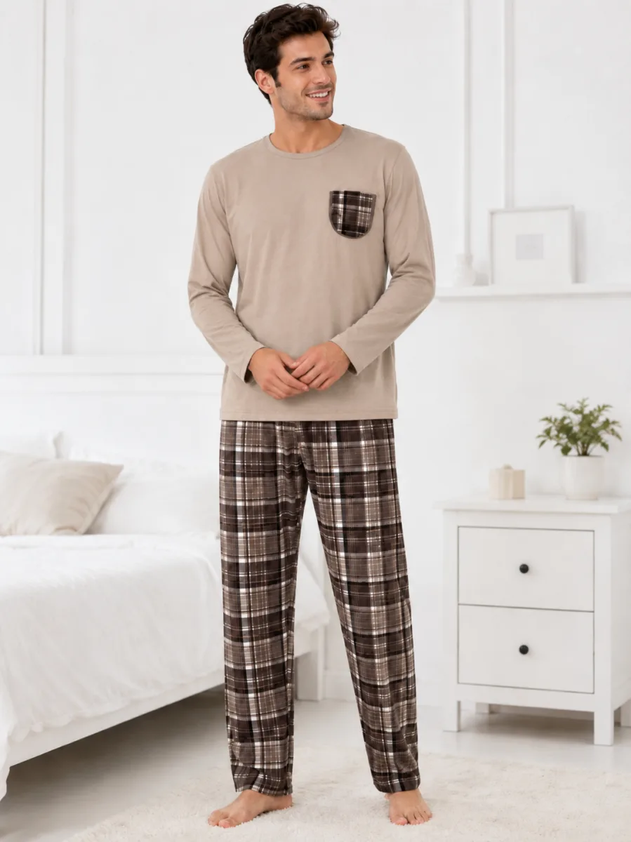 Pijama barbati Serena cu maneca lunga si pantalon lung-Bej,Engros — Image 2