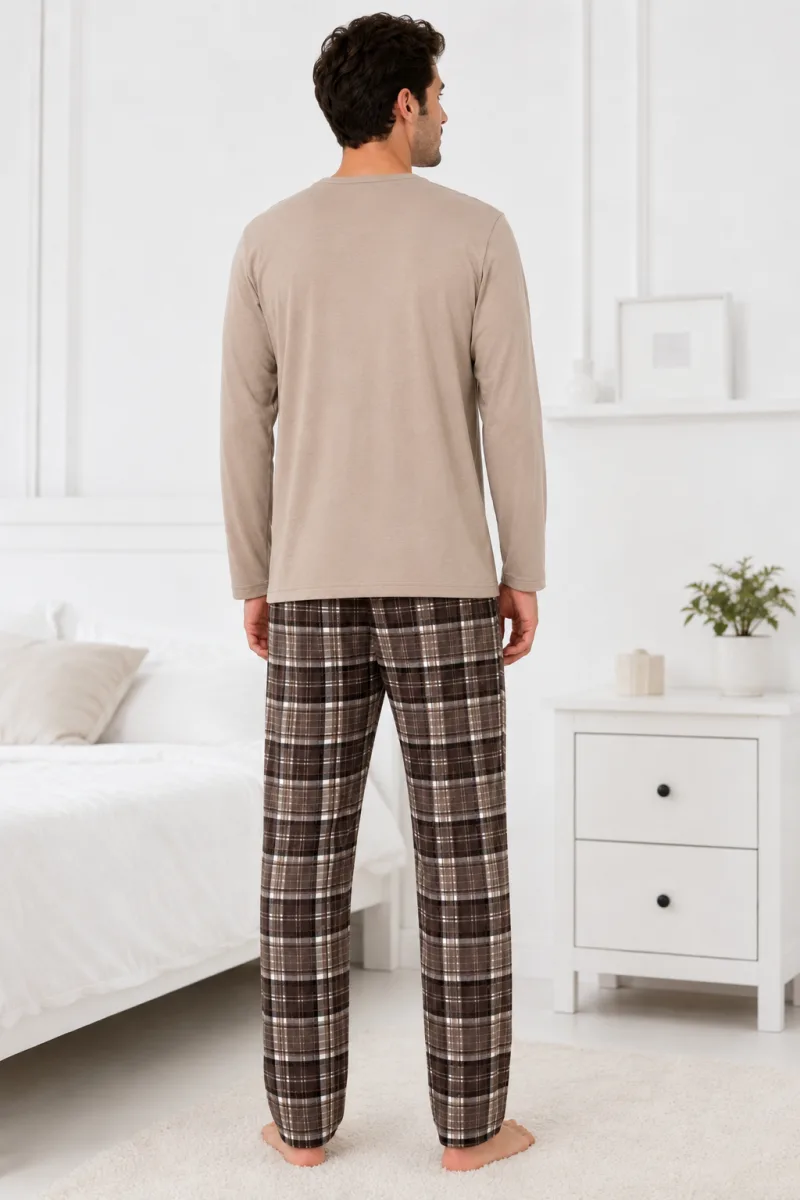 Pijama barbati Serena cu maneca lunga si pantalon lung-Bej,Engros — Image 3