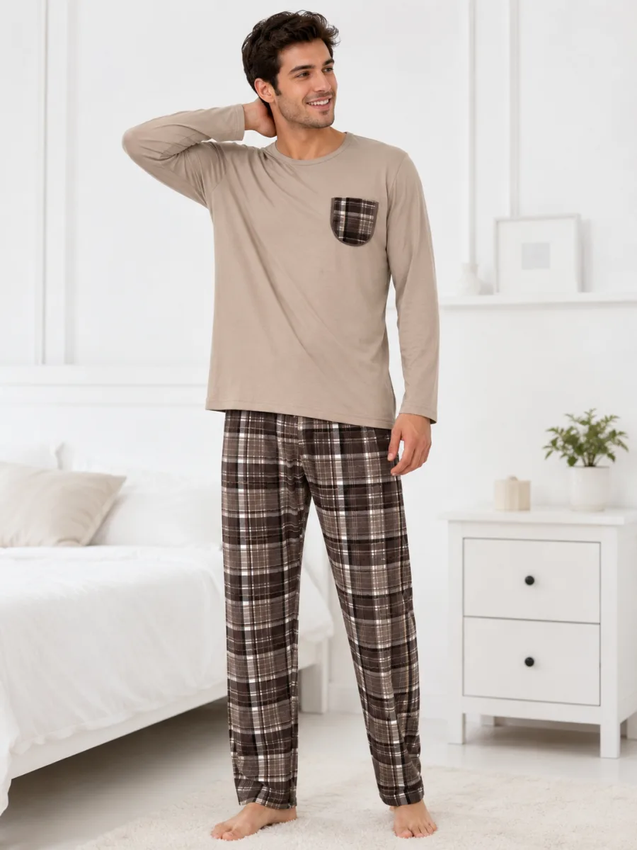 Pijama barbati Serena cu maneca lunga si pantalon lung-Bej,Engros — Image 4