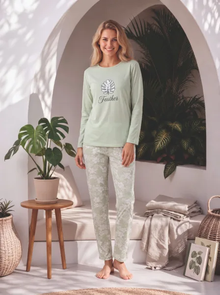 Pijama dama Serena cu maneca lunga si pantalon lung,culoare vernil,Engros