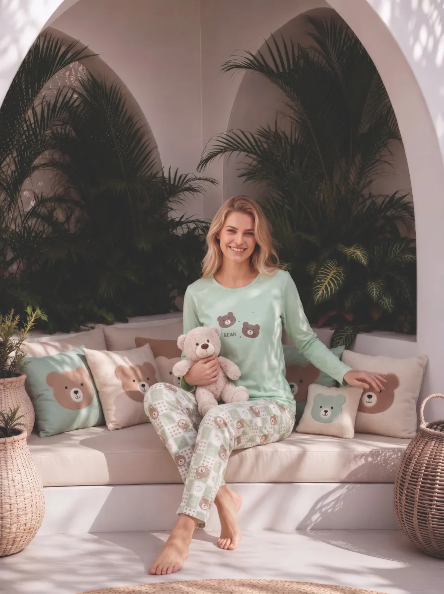 Pijama dama Serena cu maneca lunga si pantalon lung ,culoarea  vernil ,Engros — Imaginea 2