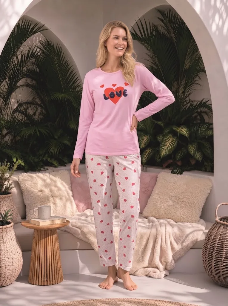 Pijama dama Serena cu maneca lunga si pantalon lung ,culoarea roz Engros — Image 1