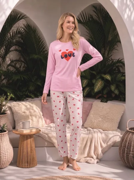 Pijama dama Serena cu maneca lunga si pantalon lung ,culoarea roz Engros