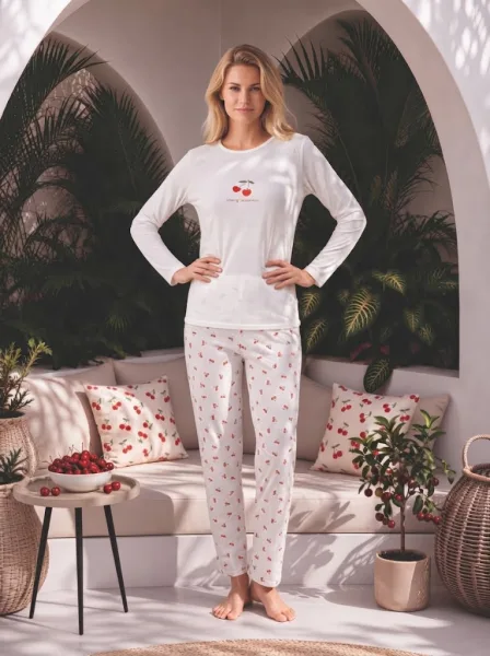 Pijama dama Serena cu maneca lunga si pantalon lung , culoarea alb,Engros