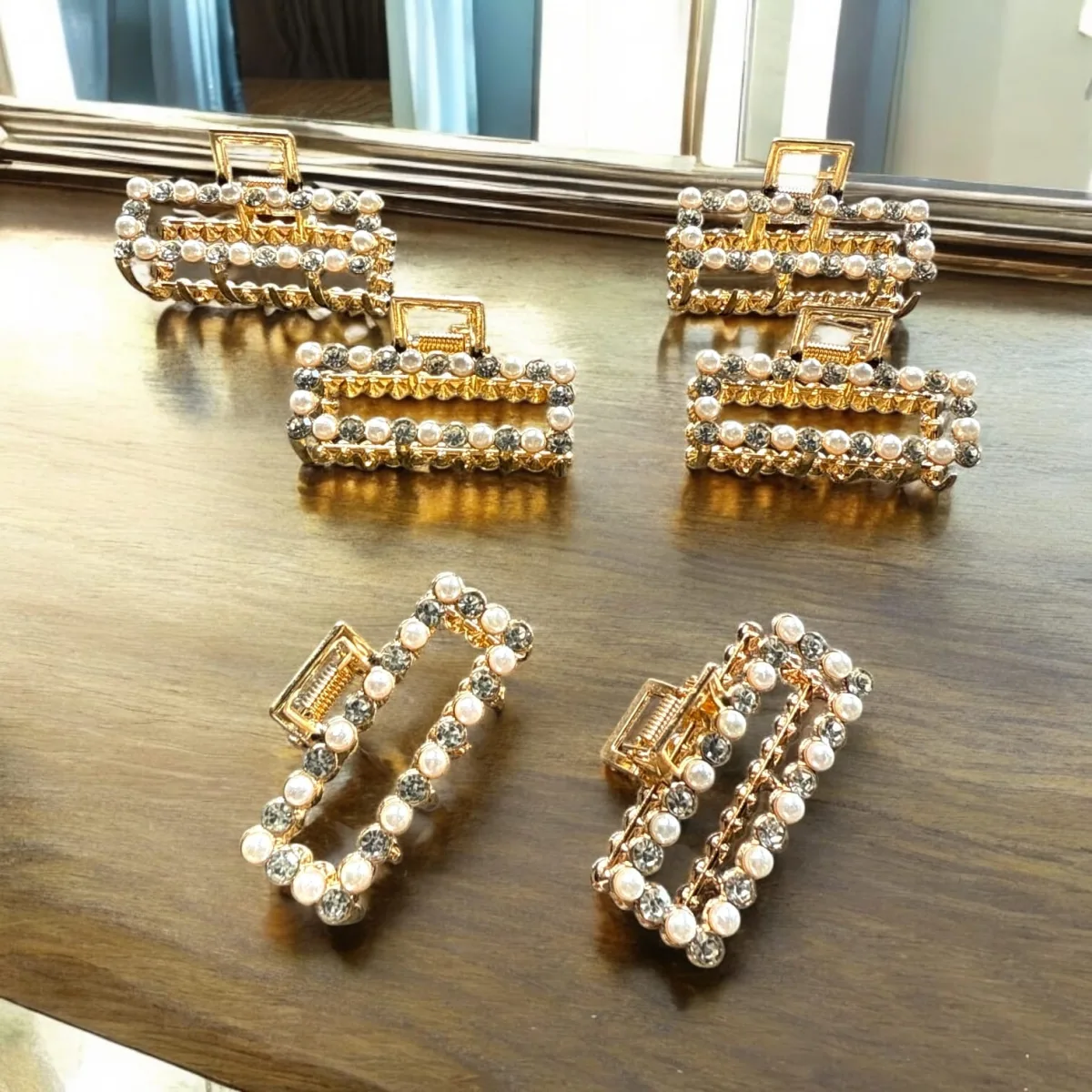Clești de păr dreptunghiulari din metal auriu cu perle și pietricele - 12 bucăți/set G200 Engros — Image 1
