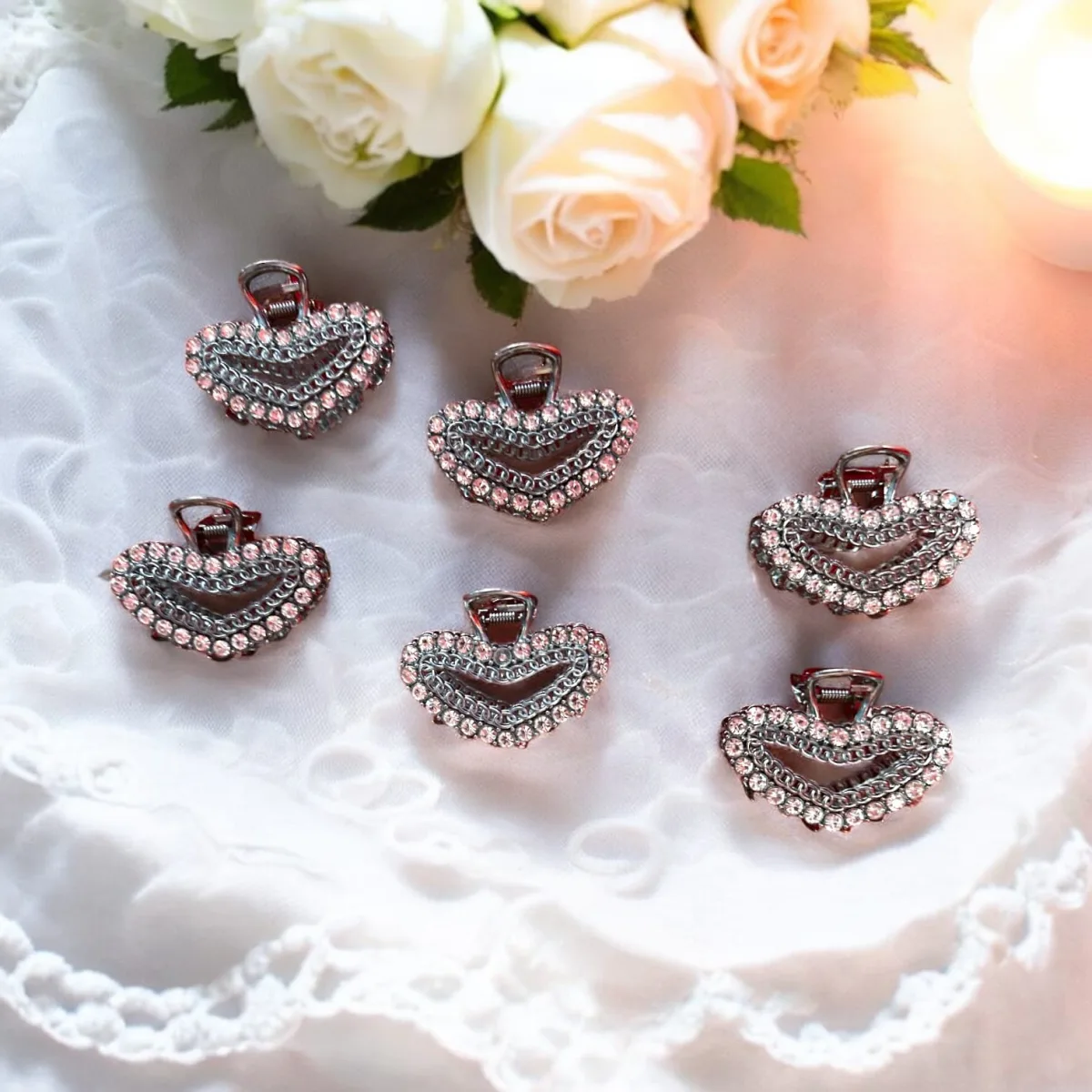 Set 12 Clestișori de Păr G209 (Inimioară Vintage) din Metal Grafit cu Pietre Strass Roz și Detalii Fine En Gros — Görsel 1