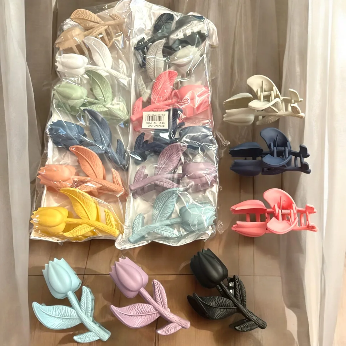Set Elegant de Clești de Păr Lalea cu Frunze din Silicon Mat, Colecție de Culori Pastelate și Intense, Set de 12 Bucăți Engros — Image 1