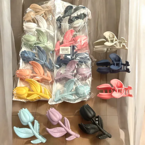Set Elegant de Clești de Păr Lalea cu Frunze din Silicon Mat, Colecție de Culori Pastelate și Intense, Set de 12 Bucăți Engros