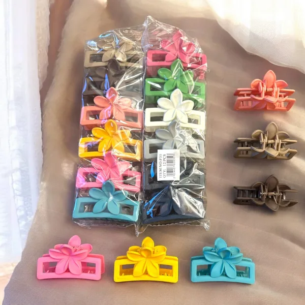 Set Clești de Păr Rectangulari Decupați cu Aplicație Florală Vibrantă, Finisaj Mat Siliconat, Set de 12 Bucăți Angro