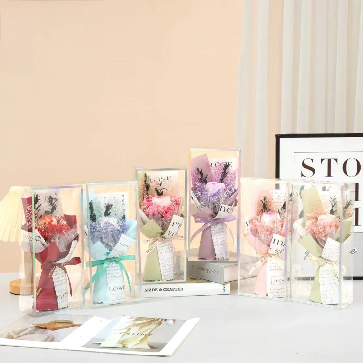Buchet de flori textile în cutie holografică, en-gros - E153 — Imaginea 1
