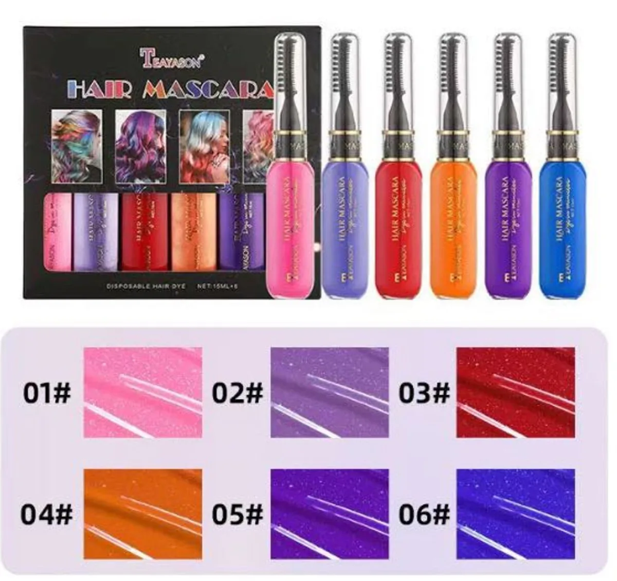 Rimel colorat pentru șuvițe - vopsea temporară de păr, 15 ml, 6 culori intense cu efect glitter Engros — Görsel 2