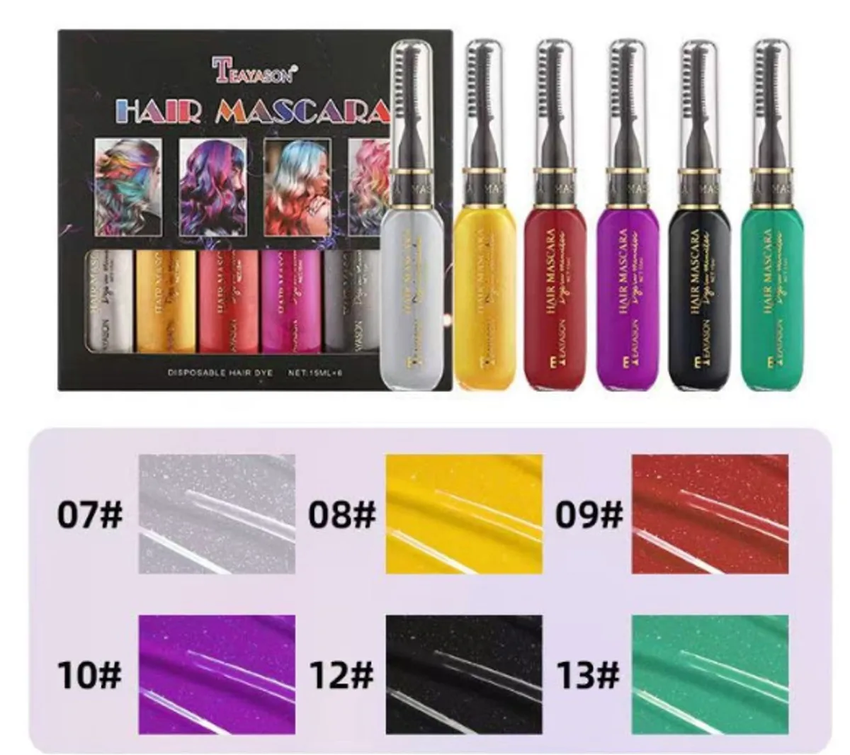 Rimel colorat pentru păr - 15 ml, vopsea temporară pentru șuvițe în 6 nuanțe vibrante și metalizate Engros — Görsel 1