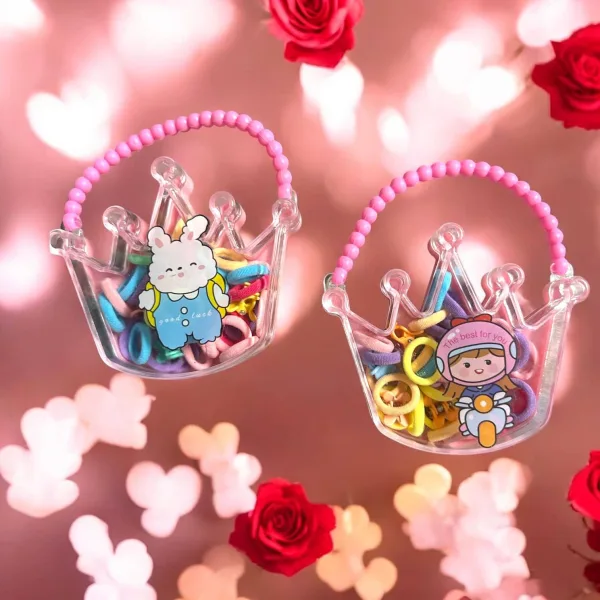 Set Accesorii Păr în Cutie Coroană cu Mărgele Roz tip gentuța - Elastice Colorate și Clame Mini Angro