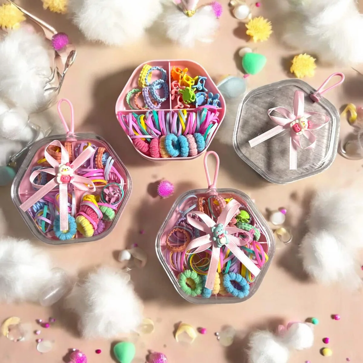 Set Accesorii Păr în Cutie Octogonală Decorată - Elastice și Clame Colorate En-Gross — Imaginea 1