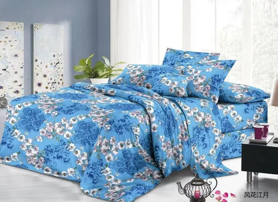 Lenjerie de pat finet 4 piese angro - floral albastru - H785 — Imaginea 1