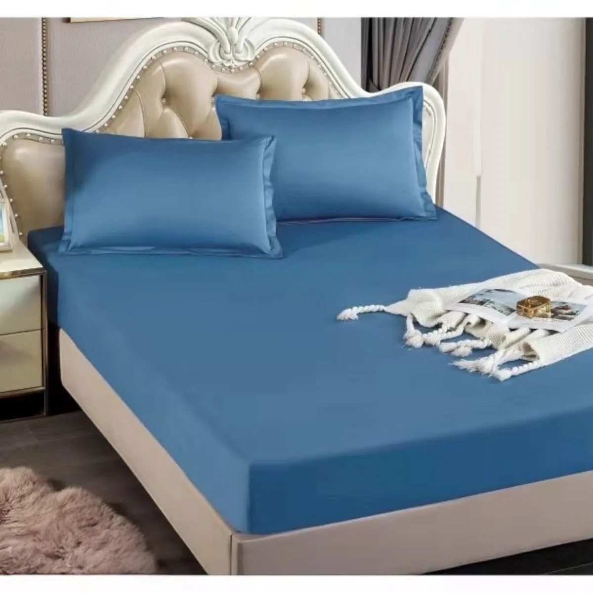 Lenjerie de pat finet albastru deschis cu elastic 150×200 set 3 piese (cod H813) Engros — Image 1