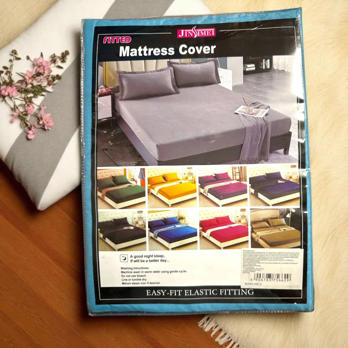 Lenjerie de pat finet albastru deschis cu elastic 150×200 set 3 piese (cod H813) Engros — Image 3