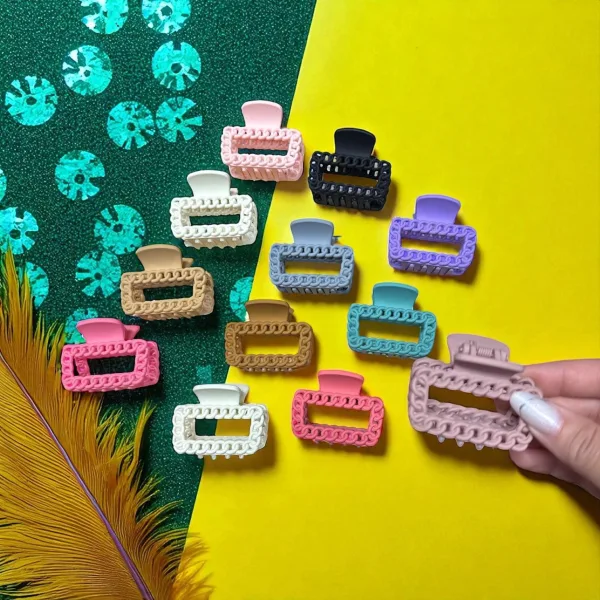 Clești de păr siliconați mat - model rectangular cu lanț - set 12 culori pastel En-Gross