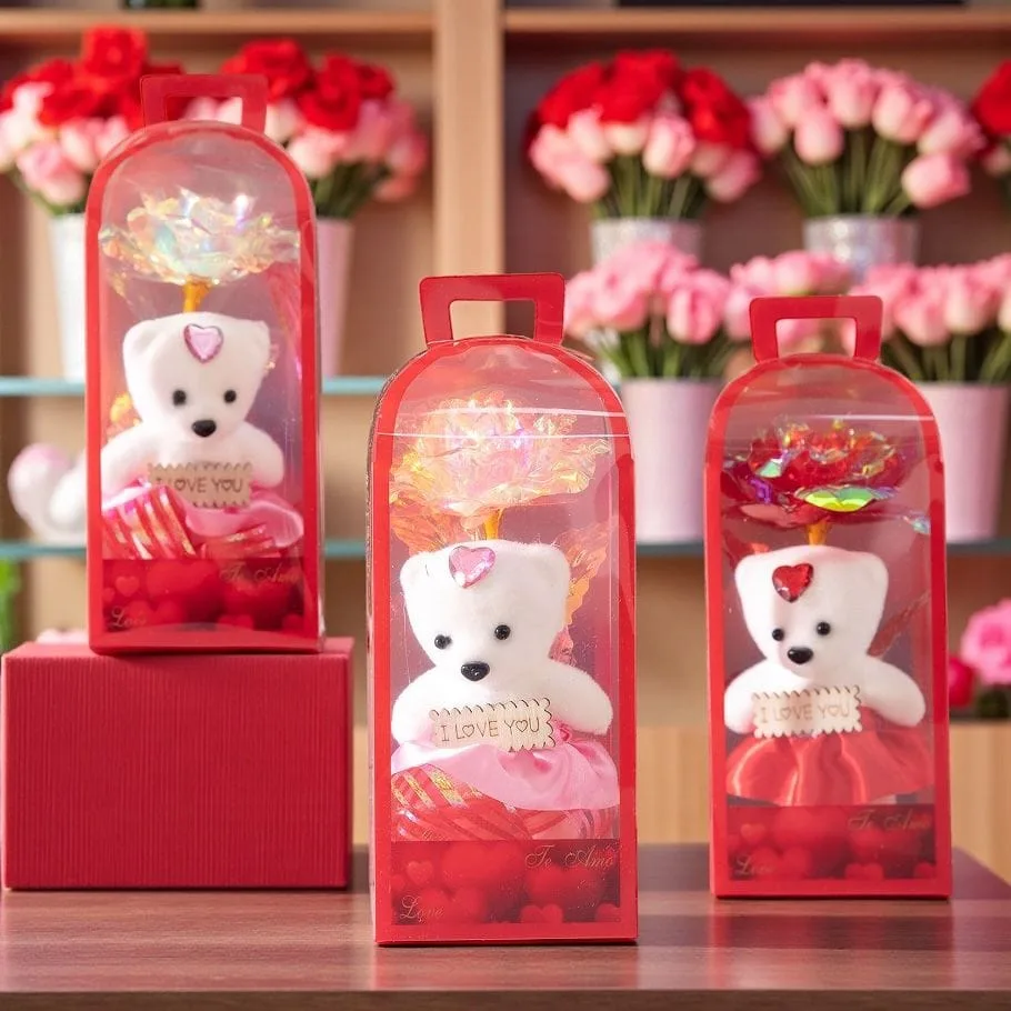 Cutie cadou cu ursuleț și floare decorativă 18×8 cm angro - I401 — Görsel 1