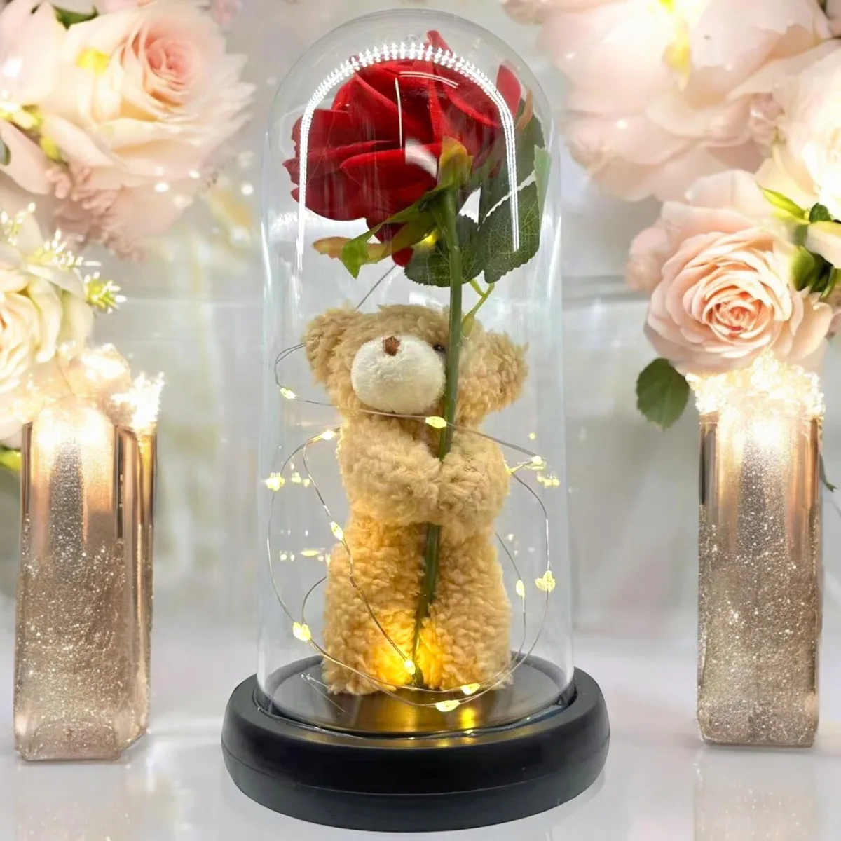 Ursuleț cu floare sub cupolă LED, 9 × 20 cm, en-gros - I458 — Imaginea 1