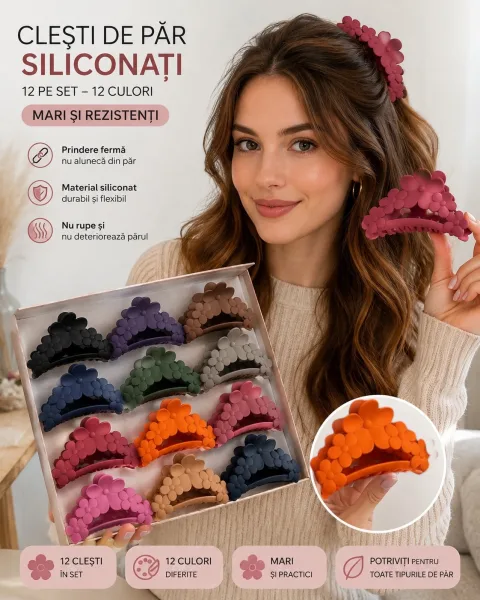 Clești de păr silicon 12/set diverse culori En Gros